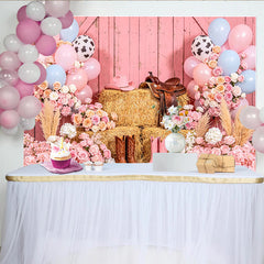 Lofaris Toile de fond anniversaire western grange rose pour fille, décor rustique avec ballons et fleurs pour séance photo