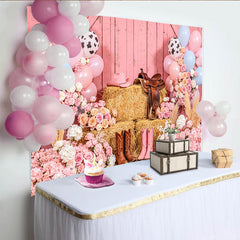 Lofaris Toile de fond anniversaire western grange rose pour fille, décor rustique avec ballons et fleurs pour séance photo