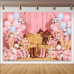 Lofaris Toile de fond anniversaire western grange rose pour fille, décor rustique avec ballons et fleurs pour séance photo