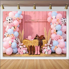 Lofaris Toile de fond pour baby shower western rose et bleue avec ballons imprimé vache, décor rustique pour séance photo et fête