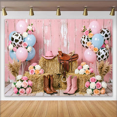 Lofaris Toile de fond pour anniversaire cowgirl rose avec bottes et chapeau, magnifique décor de fête pour séance photo