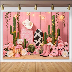Lofaris Toile de fond de photographie western bohème rose avec cactus et fleurs, élégant arrière-plan pour studio photo ou fête à thème