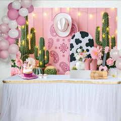 Lofaris Toile de fond anniversaire cowgirl rose avec cactus et bottes, décor de fête western avec fleurs pour studio photo