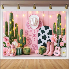 Lofaris Toile de fond anniversaire cowgirl rose avec cactus et bottes, décor de fête western avec fleurs pour studio photo