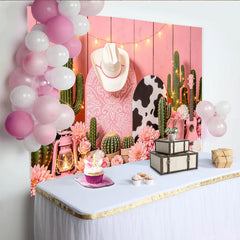 Lofaris Toile de fond de photographie western rose avec cactus et fleurs, arrière-plan rustique imprimé vache et bottes pour studio photo