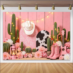 Lofaris Toile de fond de photographie western rose avec cactus et fleurs, arrière-plan rustique imprimé vache et bottes pour studio photo