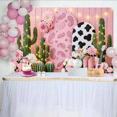 Lofaris Toile de fond anniversaire cowgirl rose avec cactus et fleurs, décor de fête western pour studio photo