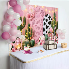 Lofaris Toile de fond anniversaire cowgirl rose avec cactus et fleurs, décor de fête western pour studio photo