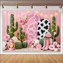 Lofaris Toile de fond anniversaire cowgirl rose avec cactus et fleurs, décor de fête western pour studio photo