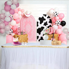 Lofaris Toile de fond rose cowgirl avec imprimé vache et ballons, décor de fête western pour séance photo et studio