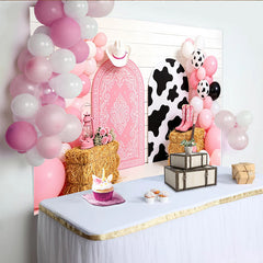 Lofaris Toile de fond rose cowgirl avec imprimé vache et ballons, décor de fête western pour séance photo et studio