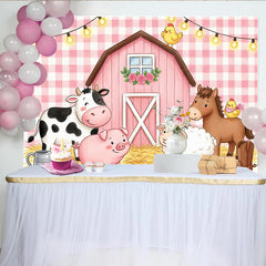 Lofaris Toile de fond pour anniversaire ferme rose avec animaux et grange, arrière-plan de fête pour enfants et décor de studio photo