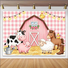 Lofaris Toile de fond pour anniversaire ferme rose avec animaux et grange, arrière-plan de fête pour enfants et décor de studio photo