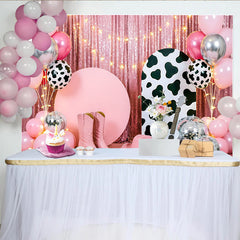 Lofaris Toile de fond rose pailletée western pour anniversaire, avec imprimé vache, ballons et boules disco, décor de fête pour studio photo