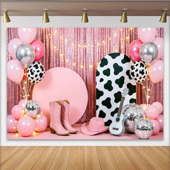 Lofaris Toile de fond rose pailletée western pour anniversaire, avec imprimé vache, ballons et boules disco, décor de fête pour studio photo
