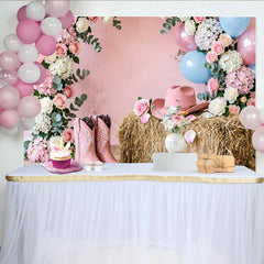 Lofaris Toile de fond pour baby shower western florale avec ballons roses et bleus, élégant décor de photographie pour célébration rustique