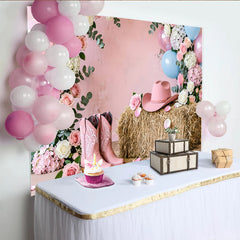 Lofaris Toile de fond pour baby shower western florale avec ballons roses et bleus, élégant décor de photographie pour célébration rustique