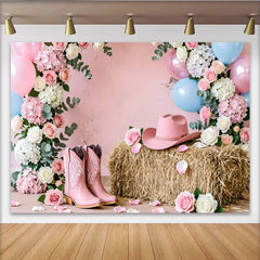 Lofaris Toile de fond pour baby shower western florale avec ballons roses et bleus, élégant décor de photographie pour célébration rustique