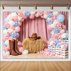 Lofaris Toile de fond pour baby shower western rose et bleue avec fleurs et ballons, décor rustique pour séance photo et fête à thème