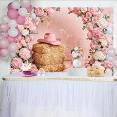 Lofaris Toile de fond rose florale cowgirl pour anniversaire fille avec chapeau et bottes, magnifique décor de fête rustique pour studio photo
