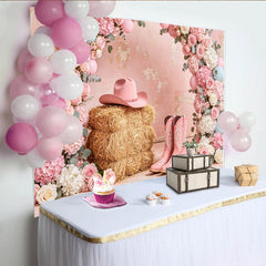 Lofaris Toile de fond rose florale cowgirl pour anniversaire fille avec chapeau et bottes, magnifique décor de fête rustique pour studio photo