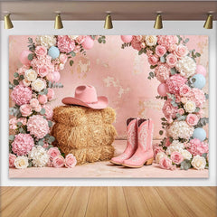 Lofaris Toile de fond rose florale cowgirl pour anniversaire fille avec chapeau et bottes, magnifique décor de fête rustique pour studio photo