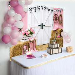 Lofaris Toile de fond de photographie western rose avec bottes de cowboy et foin, élégant arrière-plan pour studio photo ou fête à thème