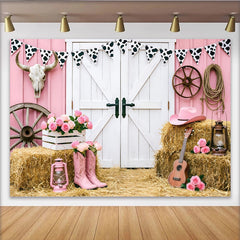 Lofaris Toile de fond de photographie western rose avec bottes de cowboy et foin, élégant arrière-plan pour studio photo ou fête à thème