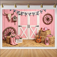 Lofaris Toile de fond pour anniversaire western rose avec bottes et chapeau, décor de ferme rustique pour studio photo et fête de fille