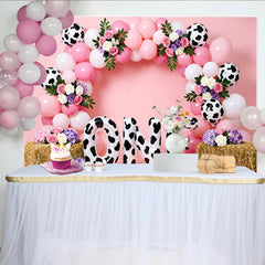 Lofaris Toile de fond rose pour 1er anniversaire fille avec ballons imprimé vache et fleurs, magnifique décor de fête pour séance photo