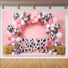 Lofaris Toile de fond rose pour 1er anniversaire fille avec ballons imprimé vache et fleurs, magnifique décor de fête pour séance photo