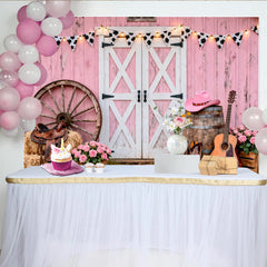 Lofaris Toile de fond anniversaire cowgirl rose grange et imprimé vache, décor western avec bottes et guitare pour studio photo