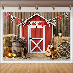 Lofaris Toile de fond de photographie western avec grange rouge et bottes de cowboy, arrière-plan rustique pour studio photo et fête à thème