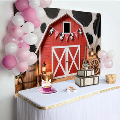 Lofaris Toile de fond de photographie ferme grange rouge imprimé vache, décor rustique western pour studio photo fête d'anniversaire