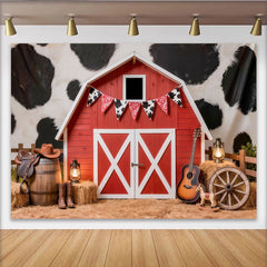 Lofaris Toile de fond de photographie ferme grange rouge imprimé vache, décor rustique western pour studio photo fête d'anniversaire