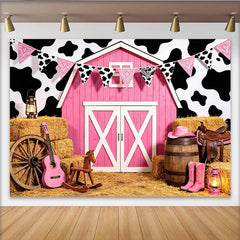 Lofaris Toile de fond rose grange cowgirl pour anniversaire fille avec imprimé vache et bottes, décor de fête rustique pour séance photo
