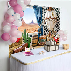 Lofaris Toile de fond pour anniversaire cowboy avec montgolfière et paysage désertique, décor western pour fête d'enfants et séance photo