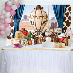 Lofaris Toile de fond anniversaire cowboy avec montgolfière et éléments western, décor de fête pour studio photo avec paysage désertique