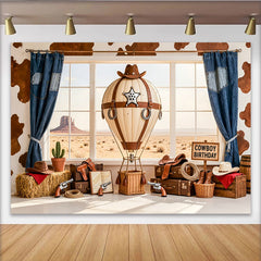 Lofaris Toile de fond anniversaire cowboy montgolfière et désert, arrière-plan western avec bottes et chapeaux pour studio photo