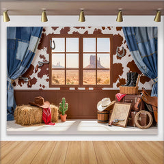 Lofaris Toile de fond de photographie western fenêtre désertique, décor de studio motif vache bottes de cowboy et foin pour portrait