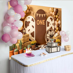 Lofaris Toile de fond pour 1er anniversaire cowboy avec ballons et imprimé vache, décor rustique pour séance photo et fête d'enfant