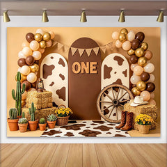 Lofaris Toile de fond pour 1er anniversaire cowboy avec ballons et imprimé vache, décor rustique pour séance photo et fête d'enfant