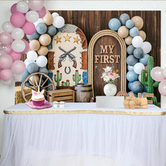 Lofaris Toile de fond pour 1er anniversaire western avec ballons et décor bois, arrière-plan rustique cowboy pour séance photo d'enfant