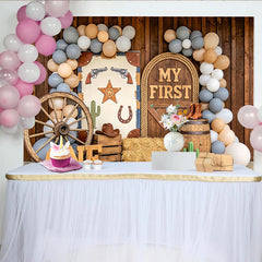 Lofaris Toile de fond pour 1er anniversaire western avec bois rustique et ballons, arrière-plan de fête cowboy pour séance photo