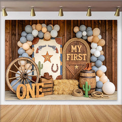 Lofaris Toile de fond pour 1er anniversaire western avec bois rustique et ballons, arrière-plan de fête cowboy pour séance photo