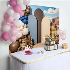 Lofaris Toile de fond pour anniversaire western avec ballons et chapeaux de cowboy, décor de fête rustique pour studio photo et événements