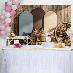 Lofaris Toile de fond de photographie western avec mur en bois et selle, décor rustique roue de chariot et bottes de foin
