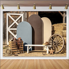 Lofaris Toile de fond de photographie western avec grange et bottes de foin, authentique arrière-plan de ranch pour studio photo