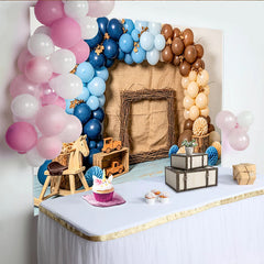 Lofaris Toile de fond pour baby shower rustique garçon avec ballons bleus et bois, magnifique décor pour studio photo et fête prénatale