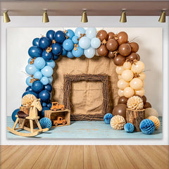 Lofaris Toile de fond pour baby shower rustique garçon avec ballons bleus et bois, magnifique décor pour studio photo et fête prénatale